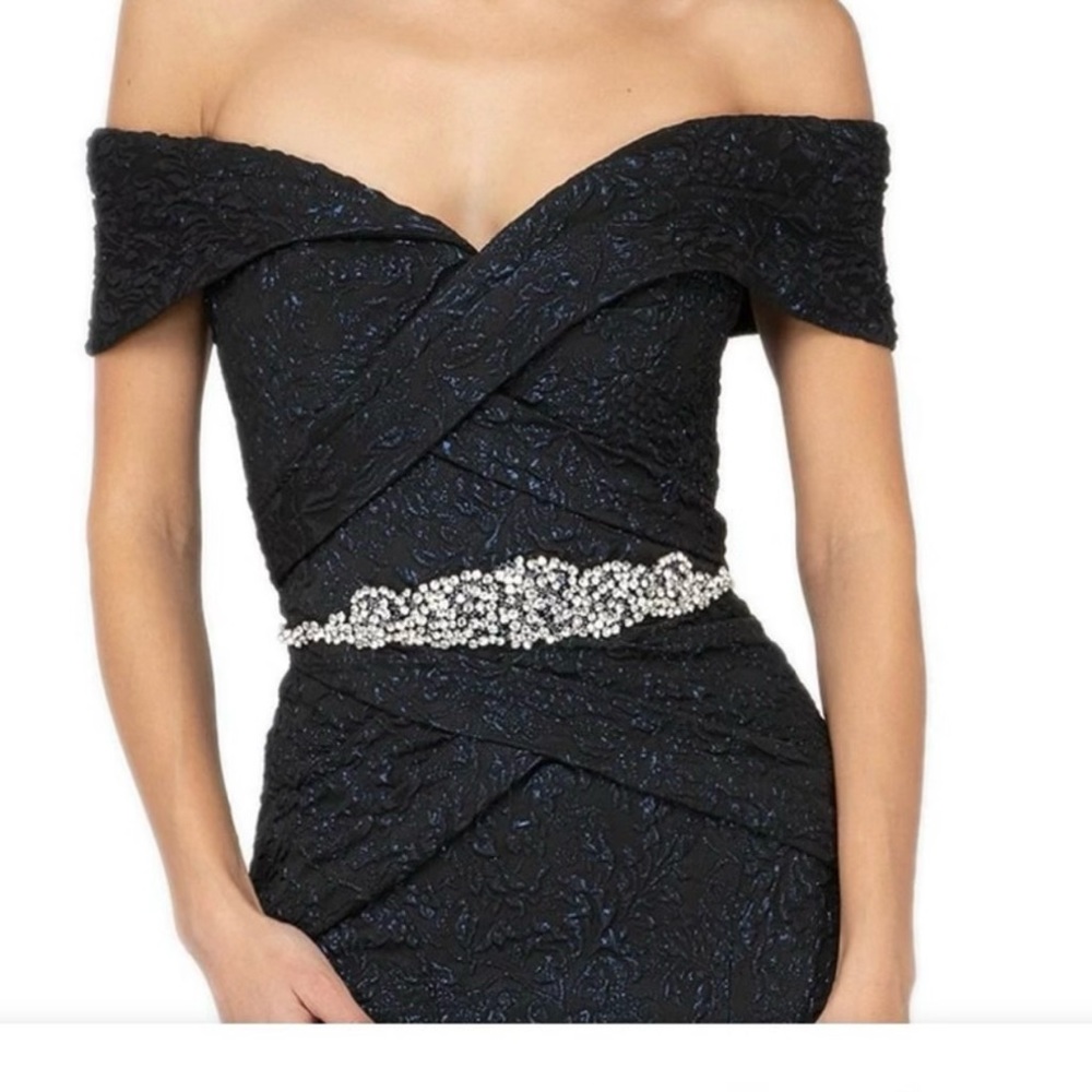 Terani Couture Off-Shoulder Black Evening Dress with Crystal Waist Detail